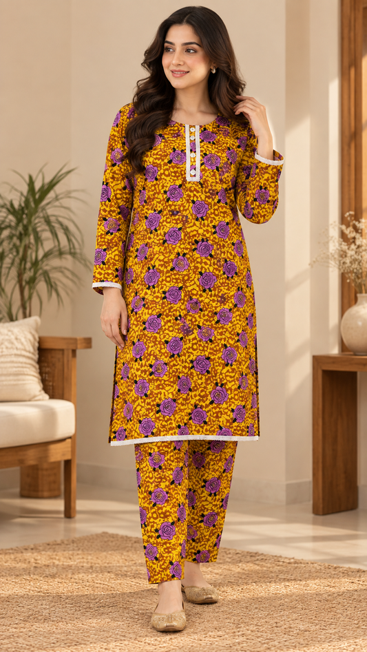 Mustard Yellow & Purple Rose Print China Wool 2-Piece Stitched Suit