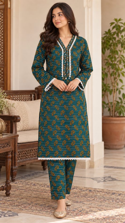 Deep Teal & Mustard Paisley 2-Piece Stitched Suit