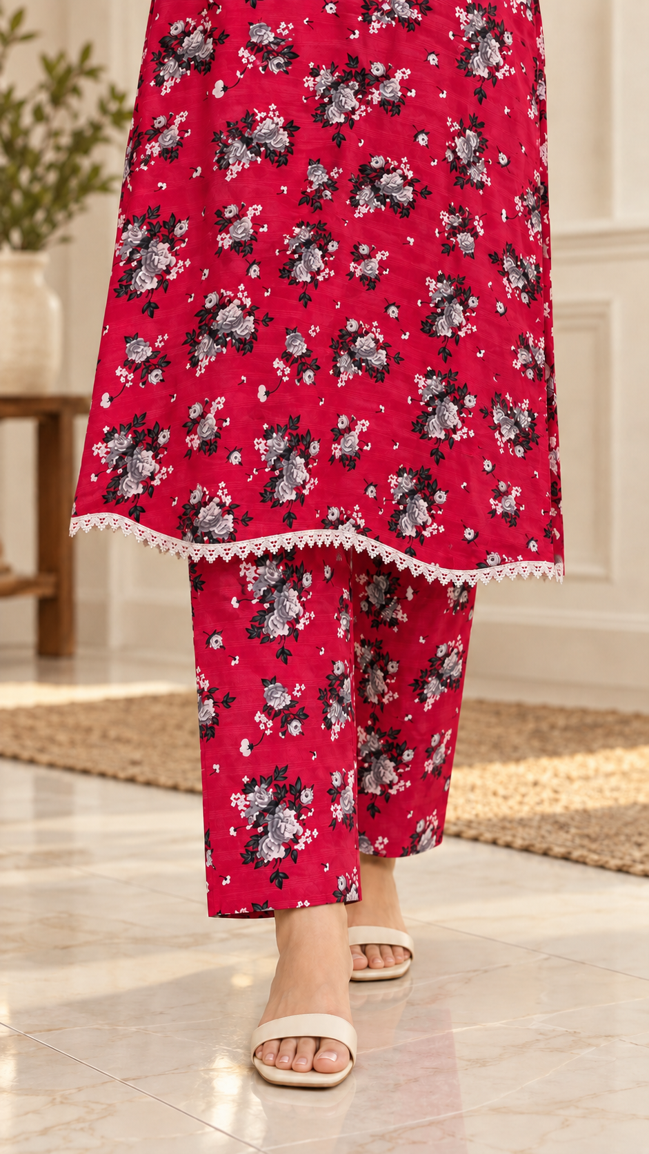 Fuchsia Pink Floral Print 2-Piece Stitched Suit