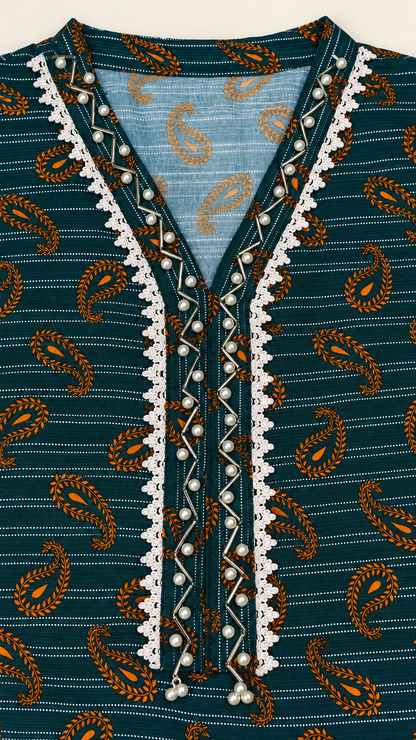 Deep Teal & Mustard Paisley 2-Piece Stitched Suit