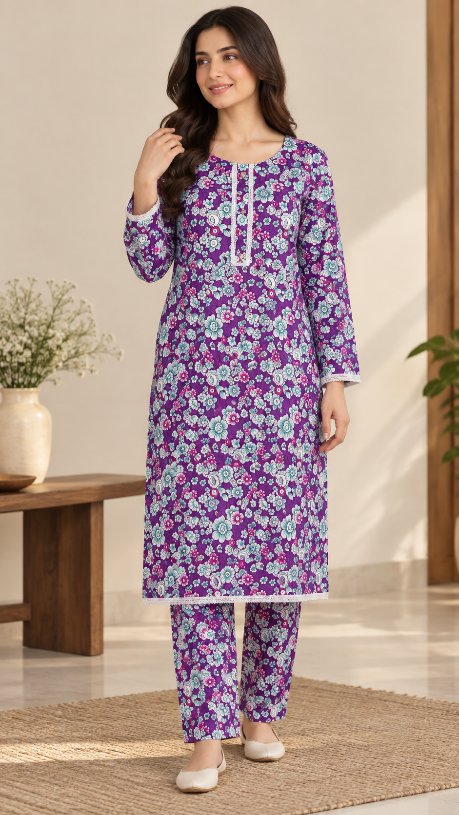 Purple, Mint & Pink Floral China Wool 2-Piece Stitched Suit