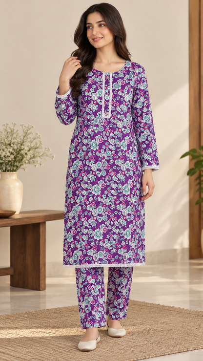 Purple, Mint & Pink Floral China Wool 2-Piece Stitched Suit