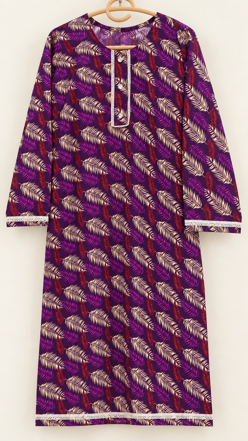Deep Plum & Cream Leaf Print China Wool 2-Piece Stitched Suit