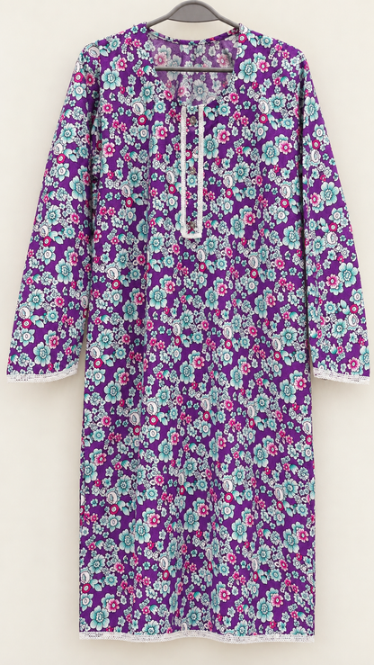 Purple, Mint & Pink Floral China Wool 2-Piece Stitched Suit