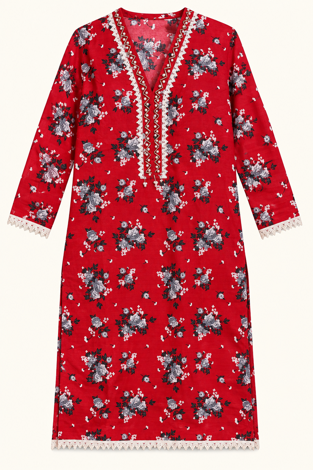 Deep Red & Grey Floral 2-Piece Stitched Suit