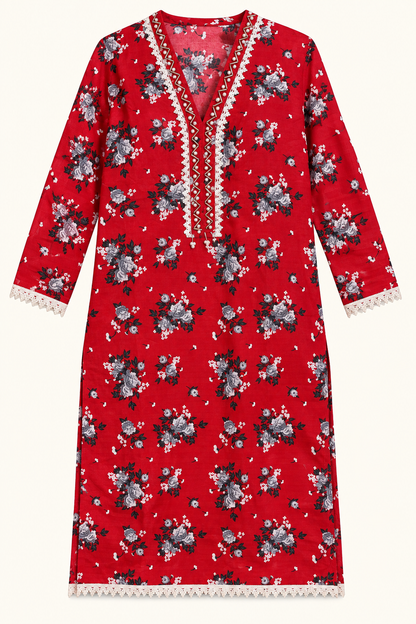 Deep Red & Grey Floral 2-Piece Stitched Suit