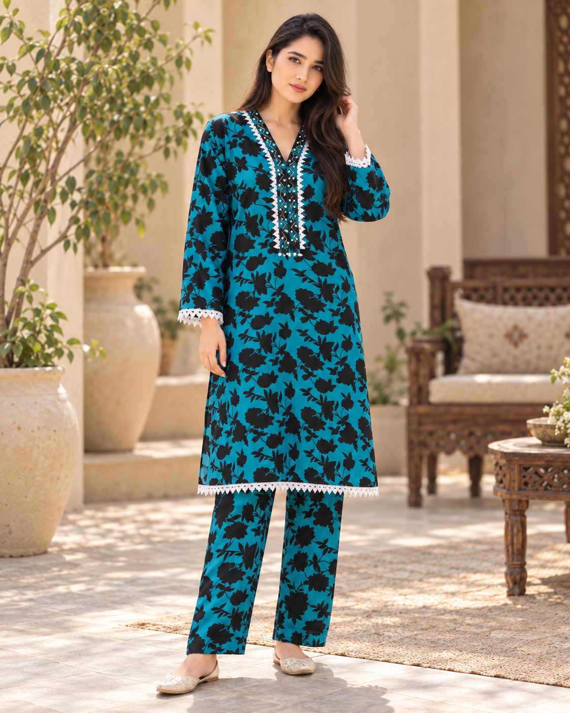 Turquoise Blue & Black Floral 2-Piece Stitched Suit
