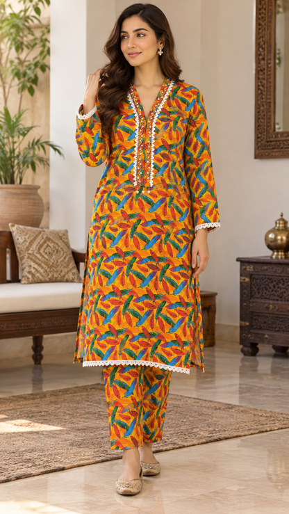 Mustard Yellow Multicolor Feather Print 2-Piece Stitched Suit