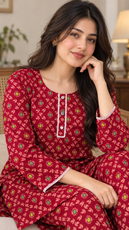 Deep Crimson & Green Floral China Wool 2-Piece Stitched Suit