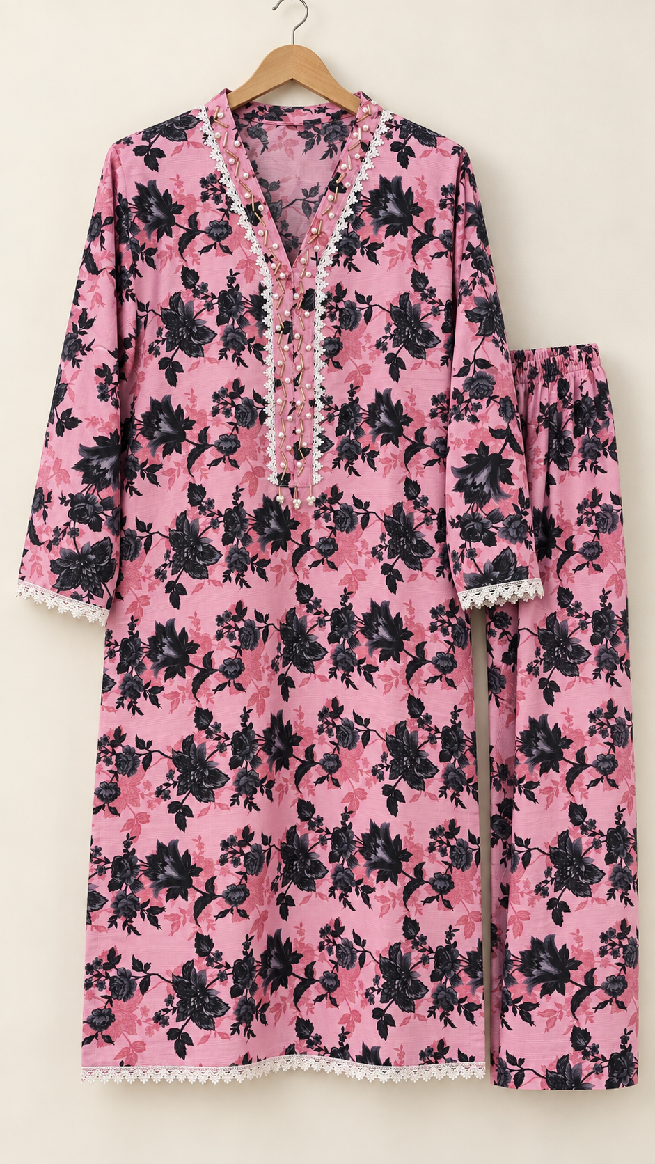Dusty Pink & Black Floral 2-Piece Stitched Suit
