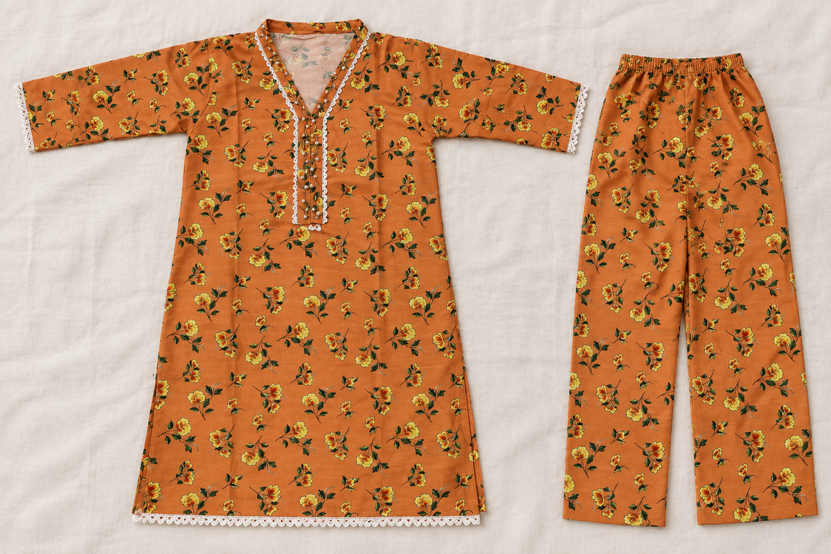Rust Orange & Yellow Floral 2-Piece Stitched Suit