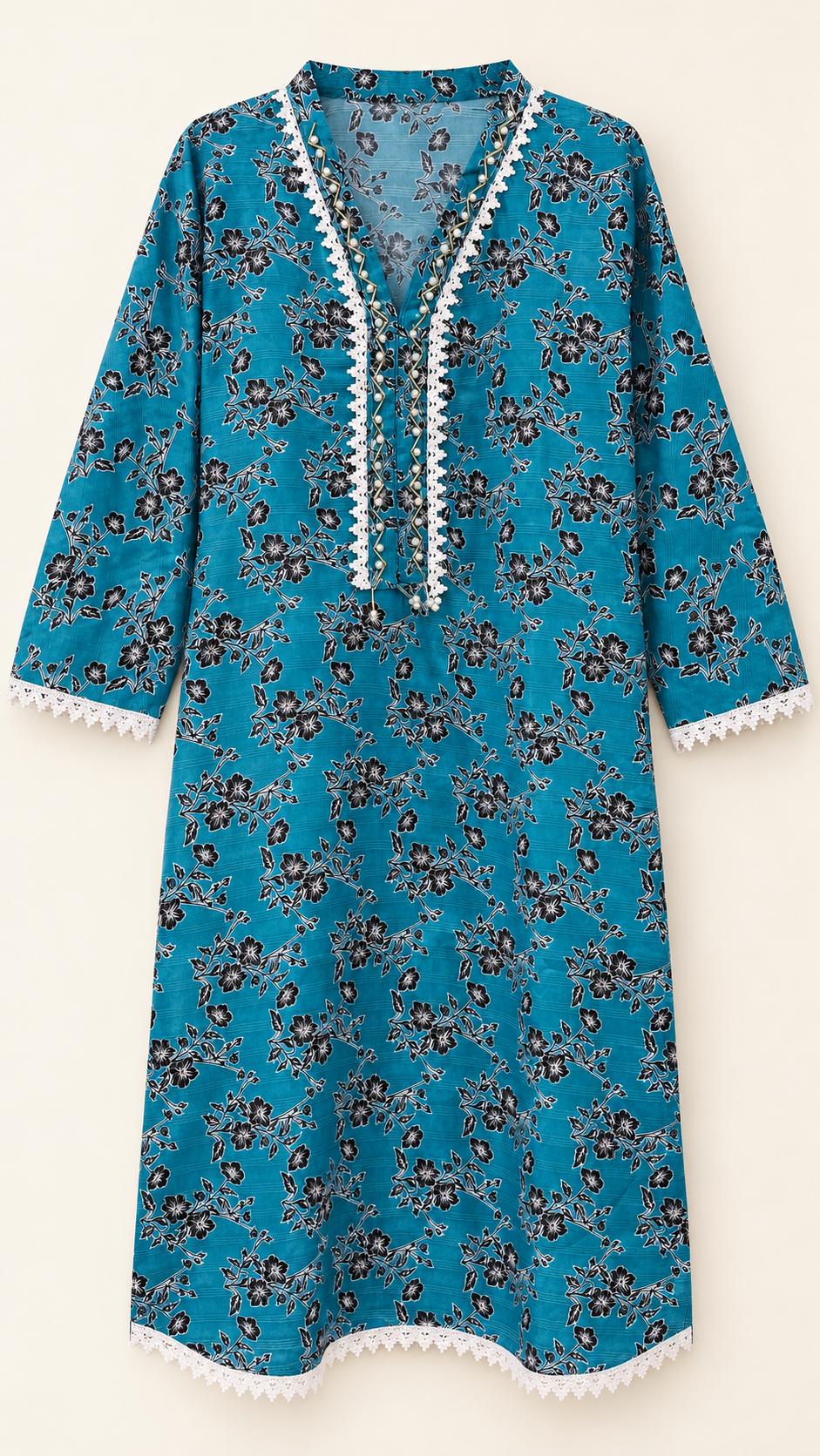 Teal Blue & Black Floral 2-Piece Stitched Suit