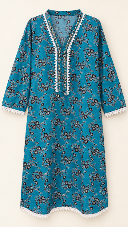 Teal Blue & Black Floral 2-Piece Stitched Suit