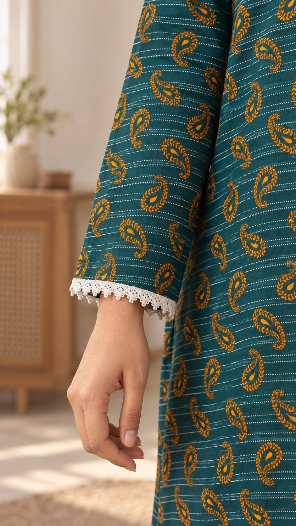 Deep Teal & Mustard Paisley 2-Piece Stitched Suit