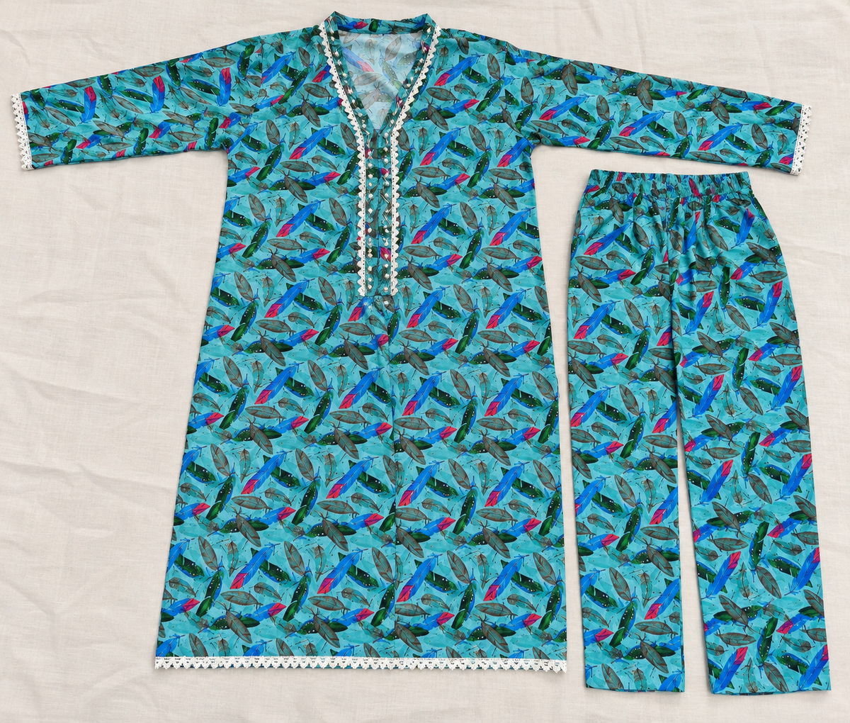 Aqua Turquoise Feather Print 2-Piece Stitched Suit