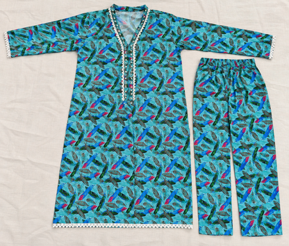 Aqua Turquoise Feather Print 2-Piece Stitched Suit