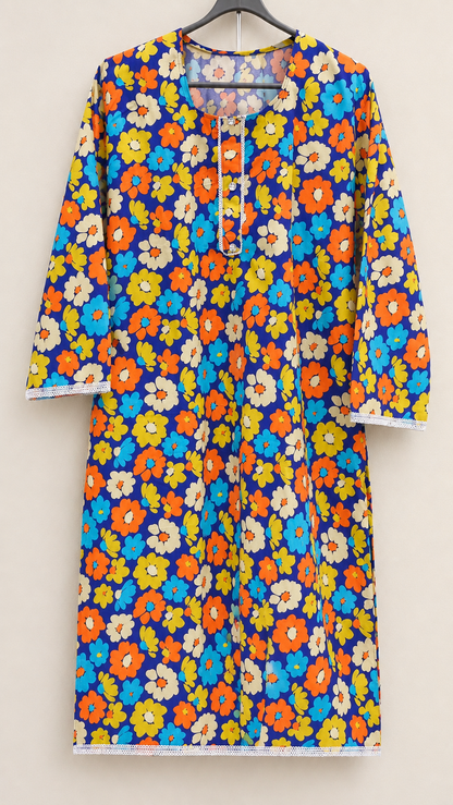 Royal Blue & Multicolor Floral China Wool 2-Piece Stitched Suit