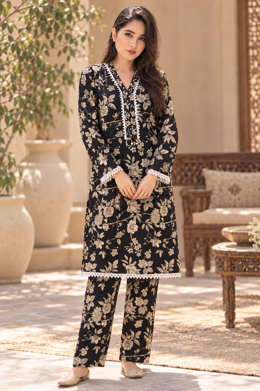 Black & Beige Floral Printed 2-Piece Stitched Suit