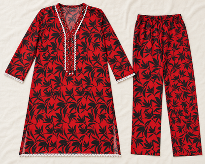 Red & Black Leaf Print 2-Piece Stitched Suit