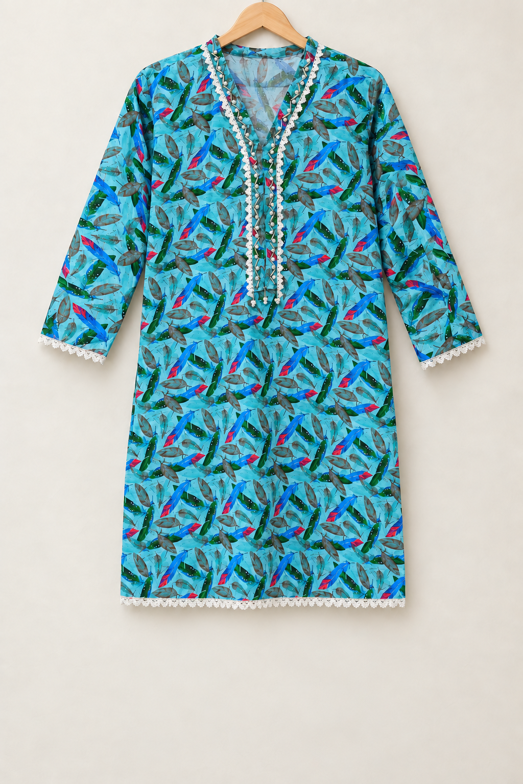 Aqua Turquoise Feather Print 2-Piece Stitched Suit