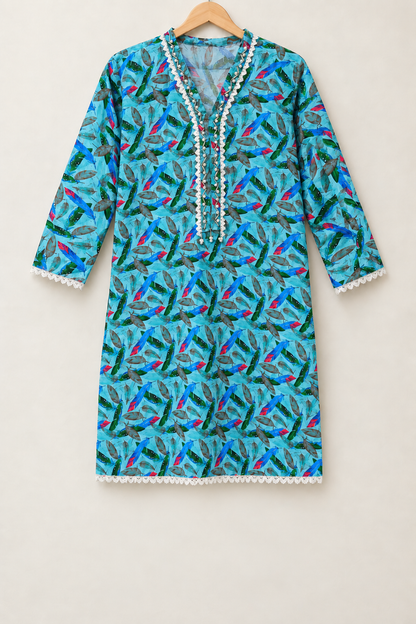 Aqua Turquoise Feather Print 2-Piece Stitched Suit