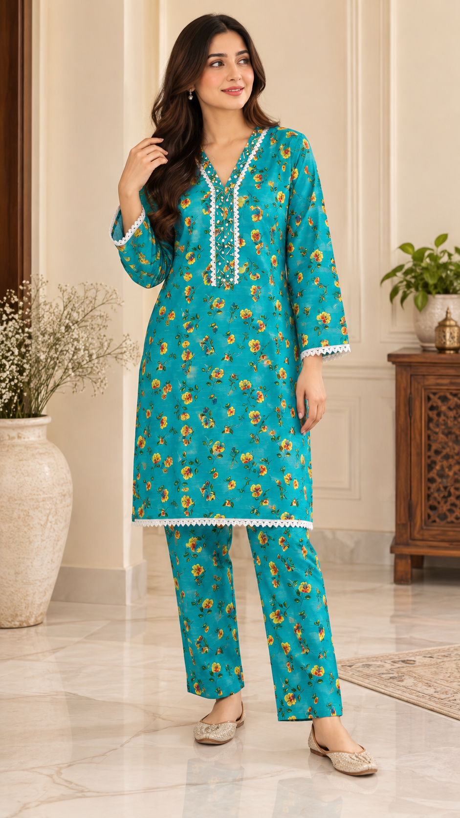 Turquoise Teal & Yellow Floral 2-Piece Stitched Suit