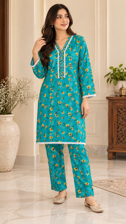 Turquoise Teal & Yellow Floral 2-Piece Stitched Suit