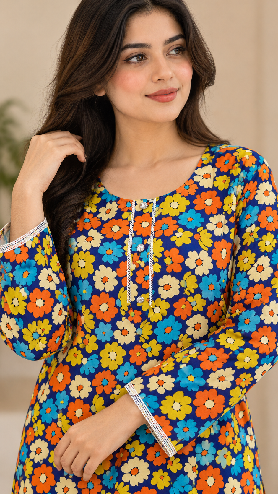 Royal Blue & Multicolor Floral China Wool 2-Piece Stitched Suit