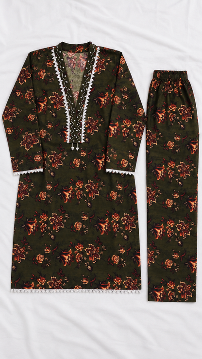 Dark Olive Green & Rust Floral 2-Piece Stitched Suit