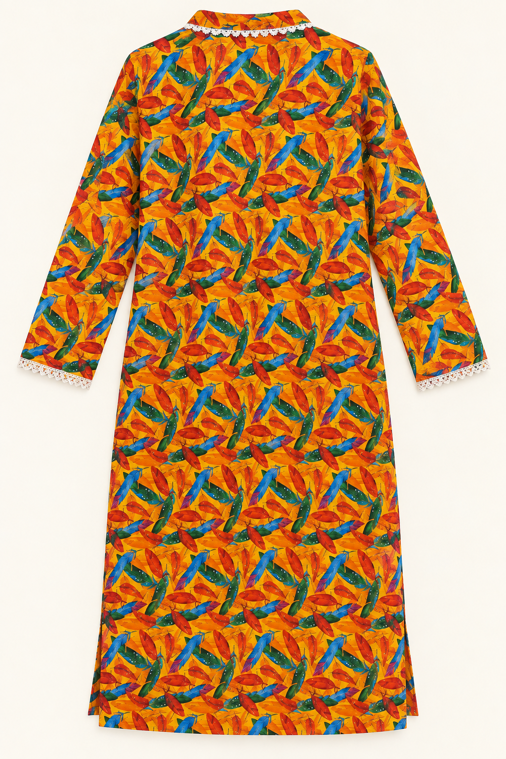 Mustard Yellow Multicolor Feather Print 2-Piece Stitched Suit