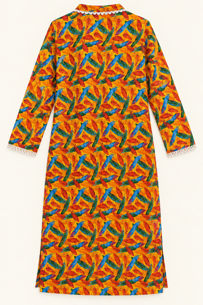 Mustard Yellow Multicolor Feather Print 2-Piece Stitched Suit