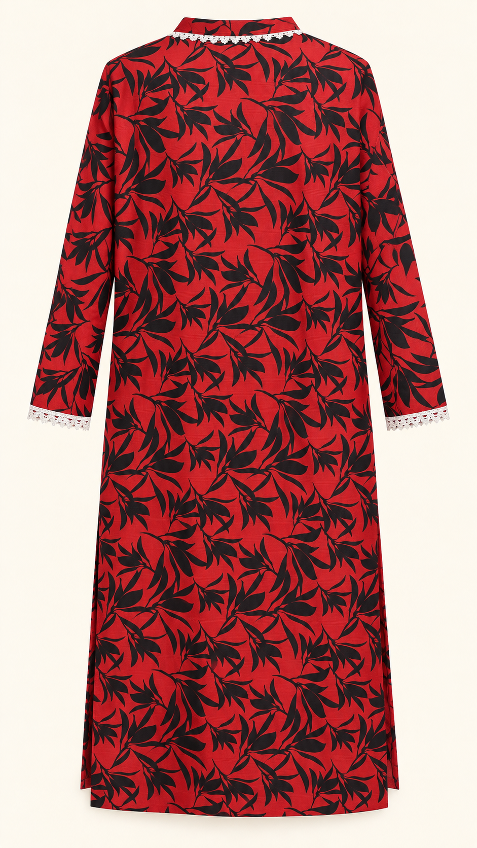 Red & Black Leaf Print 2-Piece Stitched Suit