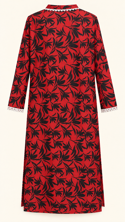 Red & Black Leaf Print 2-Piece Stitched Suit