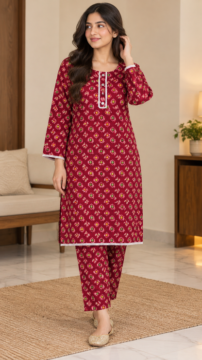Deep Crimson & Green Floral China Wool 2-Piece Stitched Suit