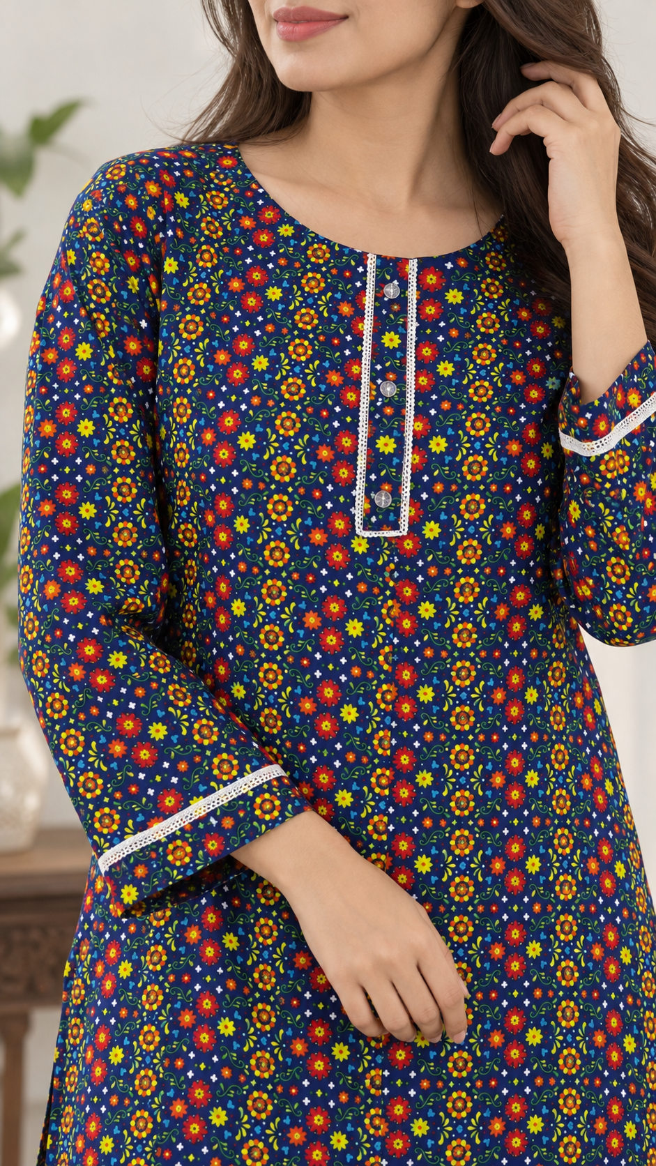 Navy Blue Multicolor Floral China Wool 2-Piece Stitched Suit