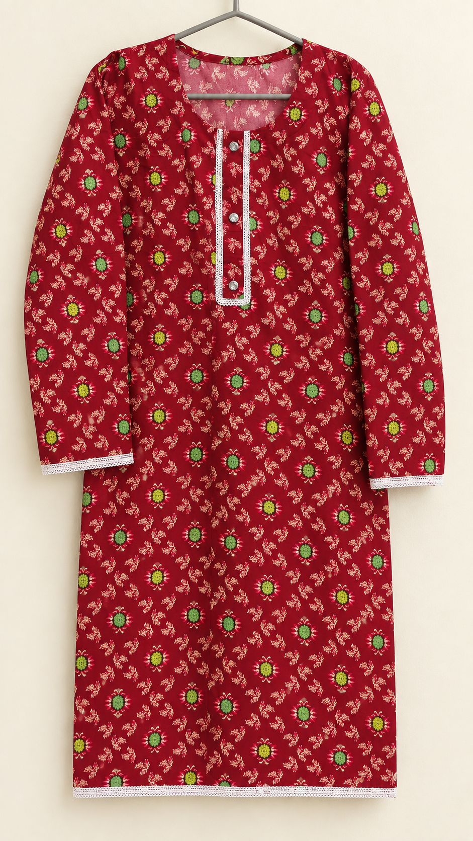 Deep Crimson & Green Floral China Wool 2-Piece Stitched Suit