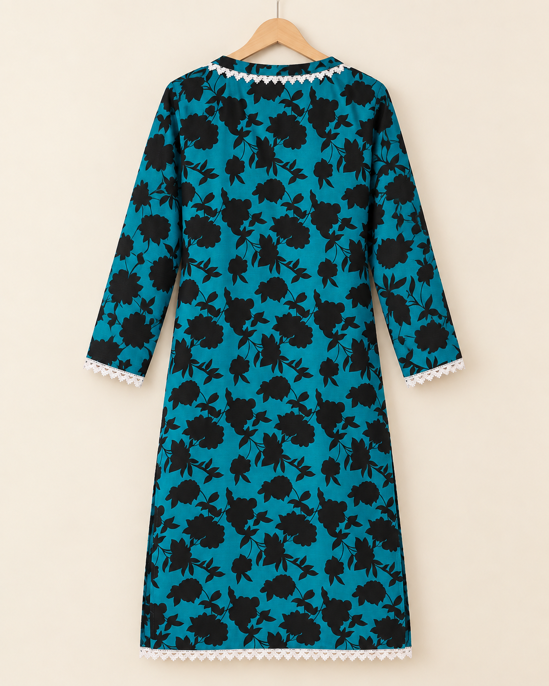 Turquoise Blue & Black Floral 2-Piece Stitched Suit