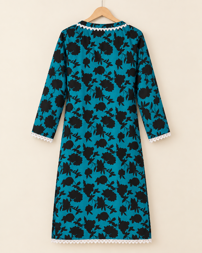 Turquoise Blue & Black Floral 2-Piece Stitched Suit