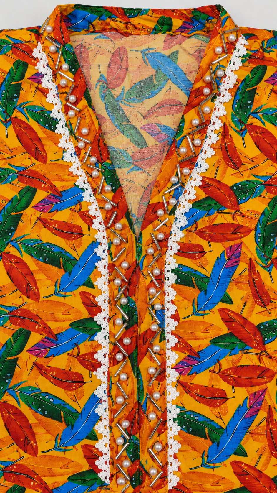 Mustard Yellow Multicolor Feather Print 2-Piece Stitched Suit