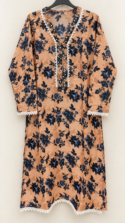 Peach &amp; Navy Floral Print 2-Piece Stitched Suit