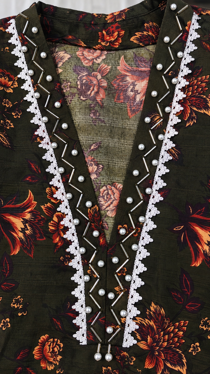 Dark Olive Green & Rust Floral 2-Piece Stitched Suit