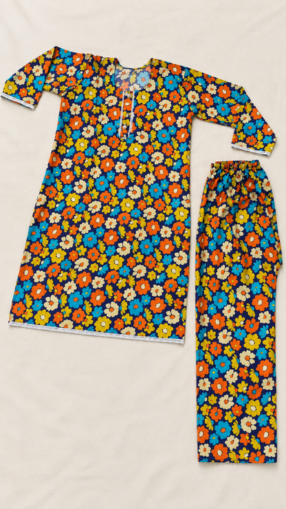 Royal Blue & Multicolor Floral China Wool 2-Piece Stitched Suit