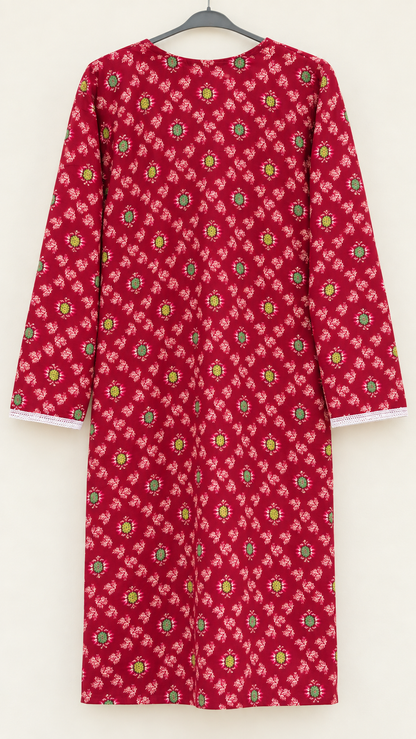 Deep Crimson & Green Floral China Wool 2-Piece Stitched Suit