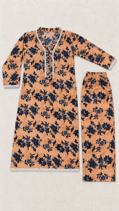 Peach &amp; Navy Floral Print 2-Piece Stitched Suit