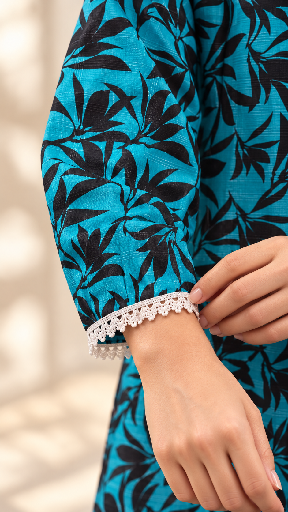 Teal & Black Leaf Print 2-Piece Stitched Suit