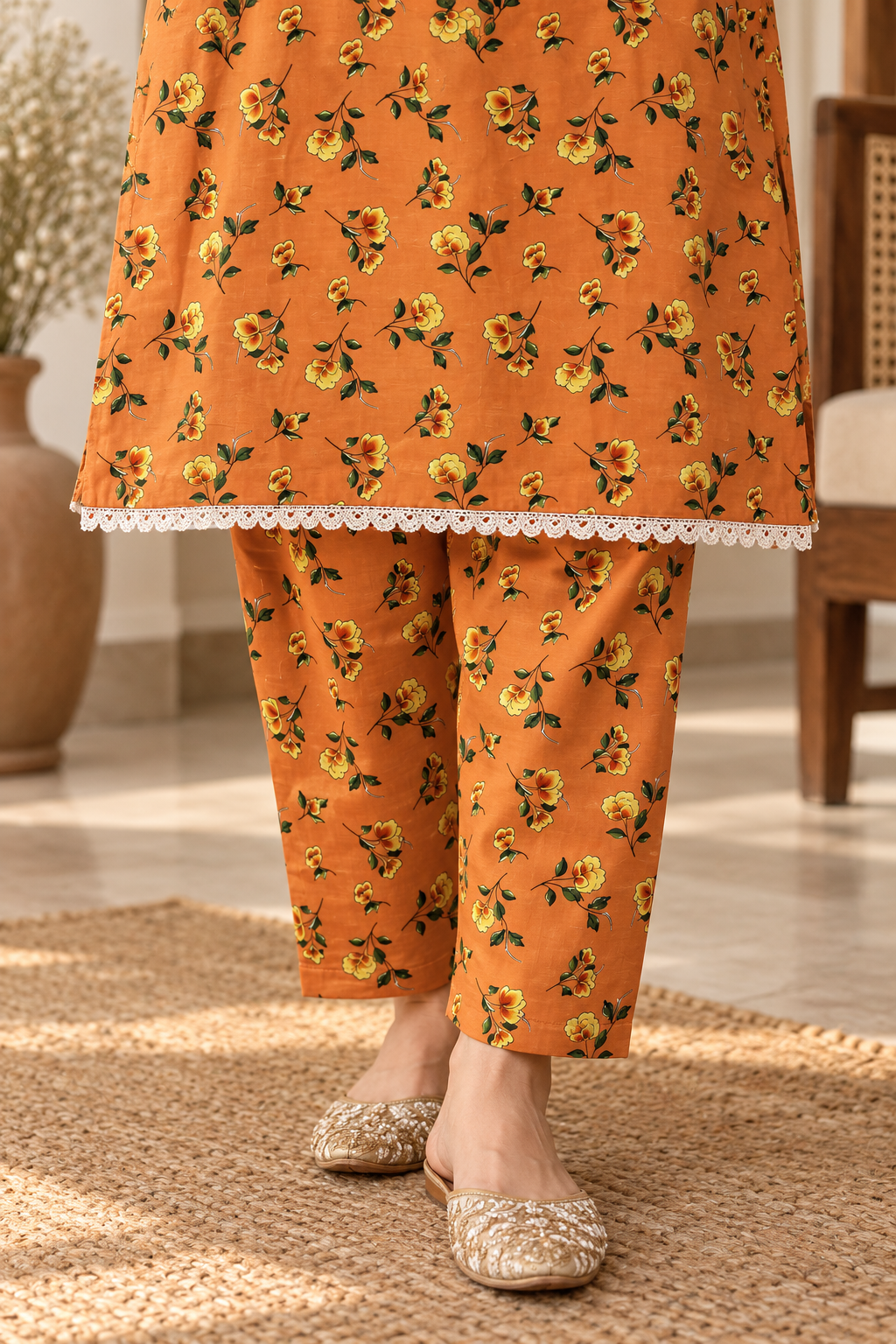Rust Orange & Yellow Floral 2-Piece Stitched Suit