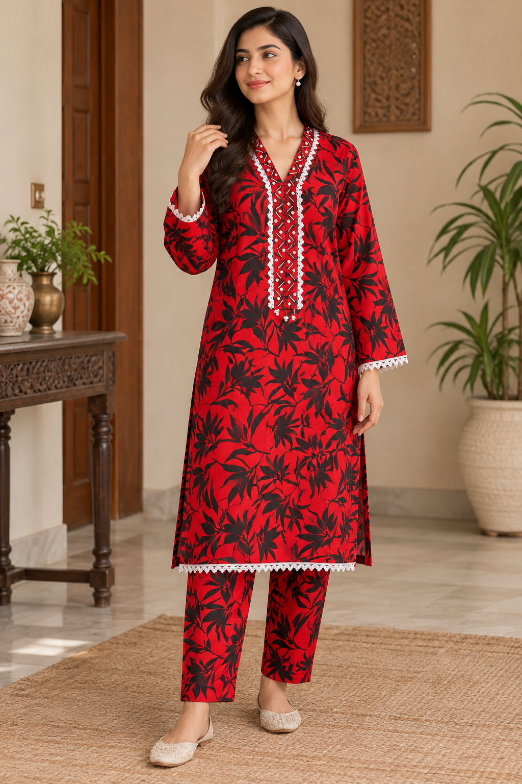 Red & Black Leaf Print 2-Piece Stitched Suit