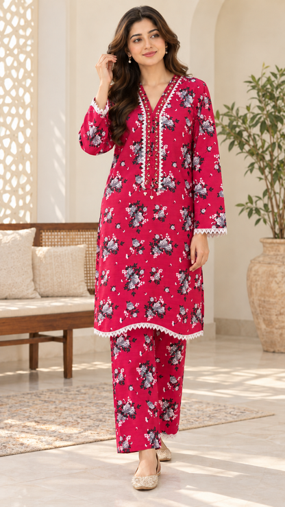 Fuchsia Pink Floral Print 2-Piece Stitched Suit
