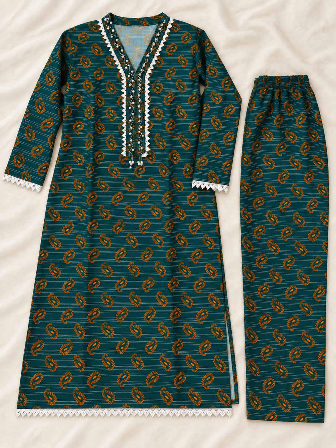 Deep Teal & Mustard Paisley 2-Piece Stitched Suit