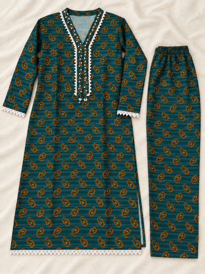 Deep Teal & Mustard Paisley 2-Piece Stitched Suit